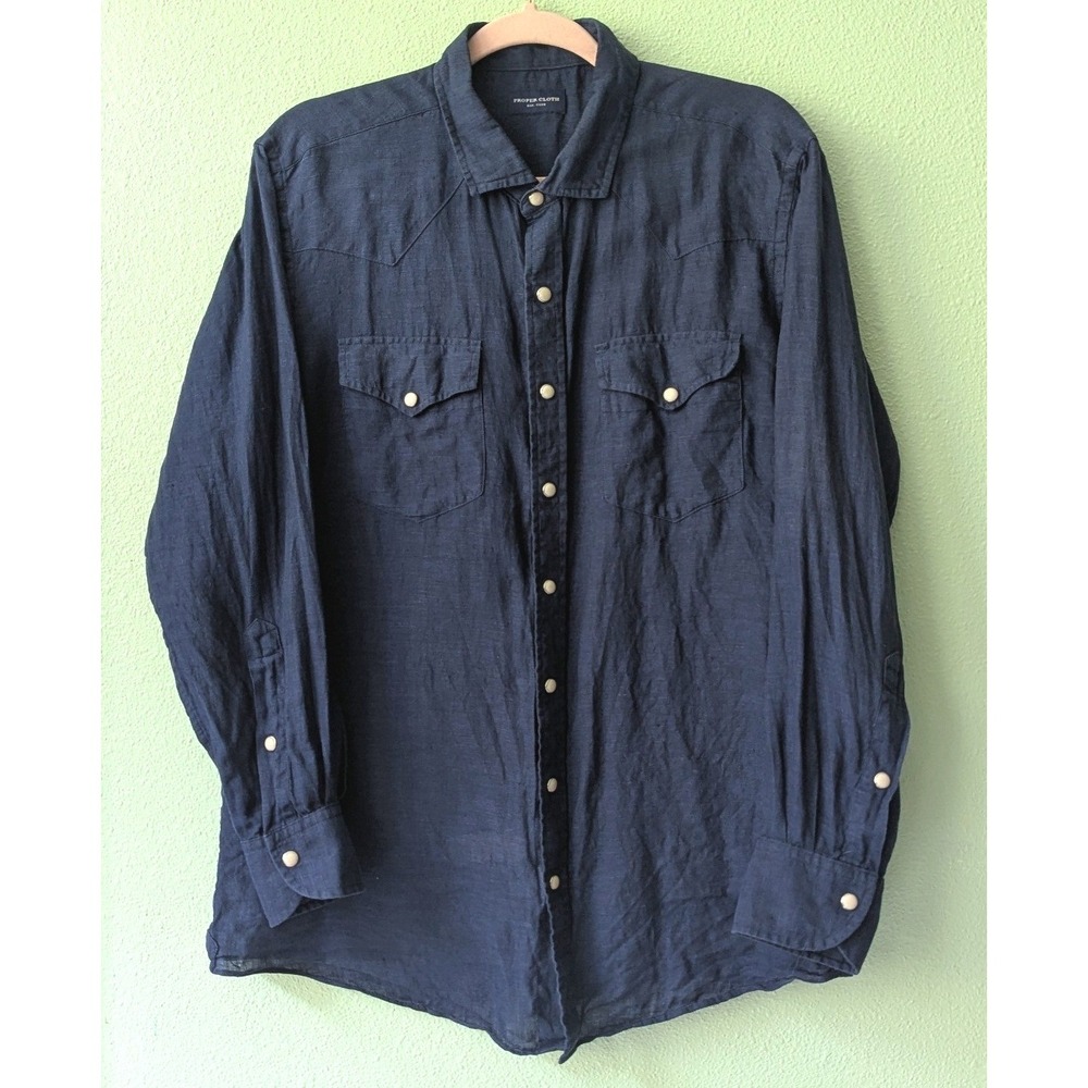 Proper Cloth Mens Navy Blue 100% Linen Western Snap Oxford Button Down Shirt